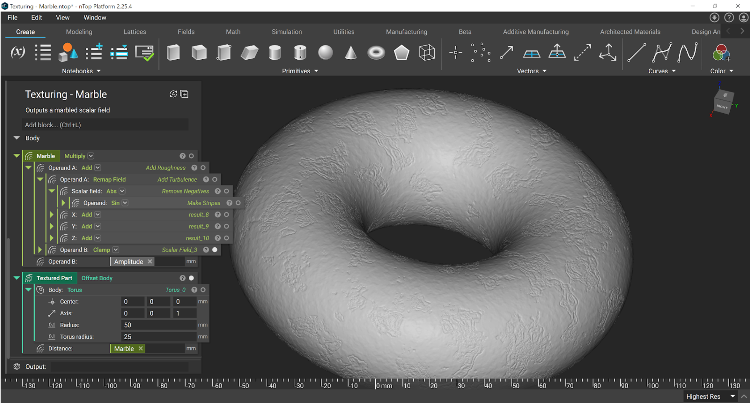 A Torus body with texture applied to simulate Marble.
