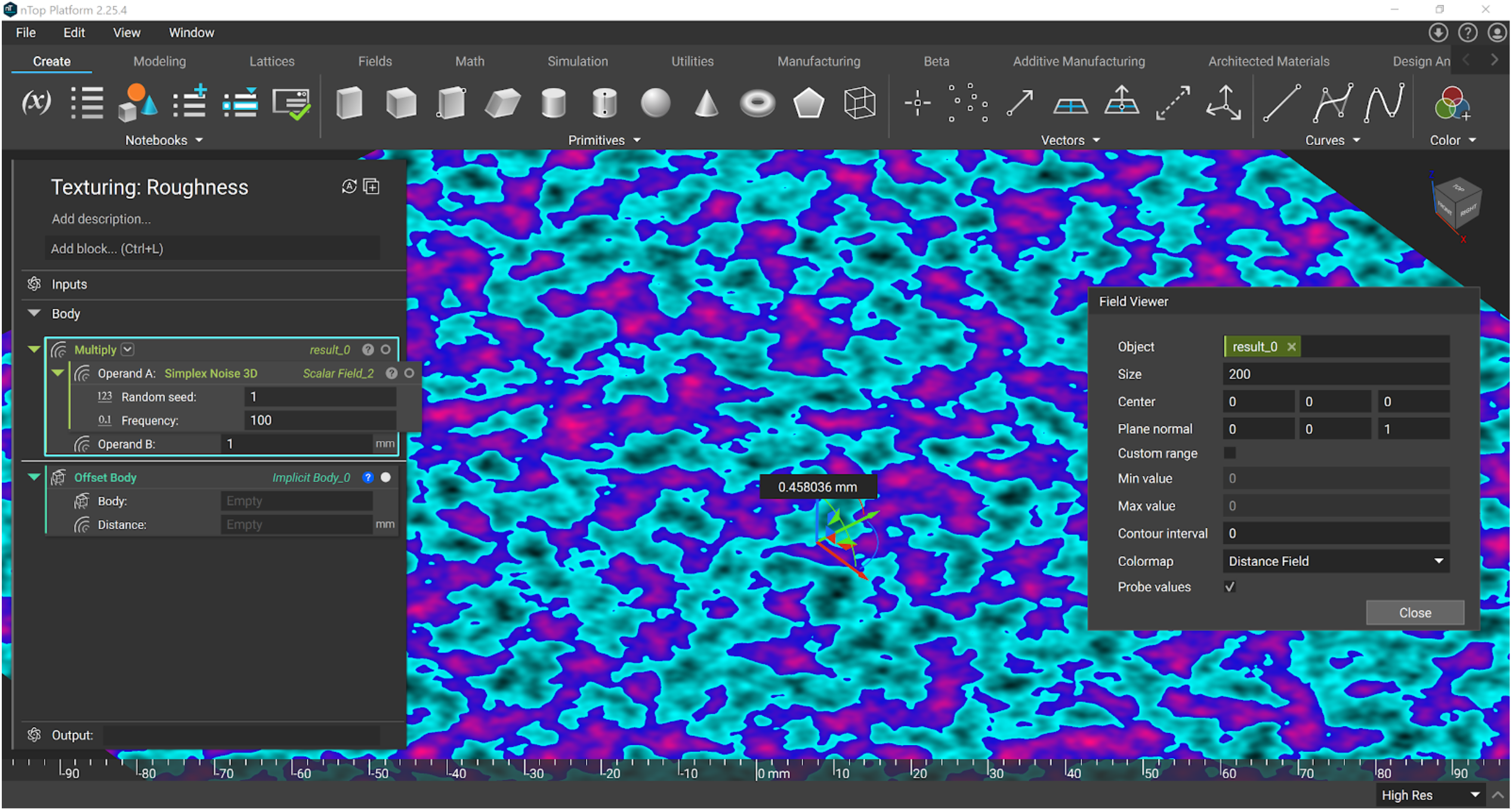 Multiply the Simplex Noise 3D block by 1mm to give the field units.