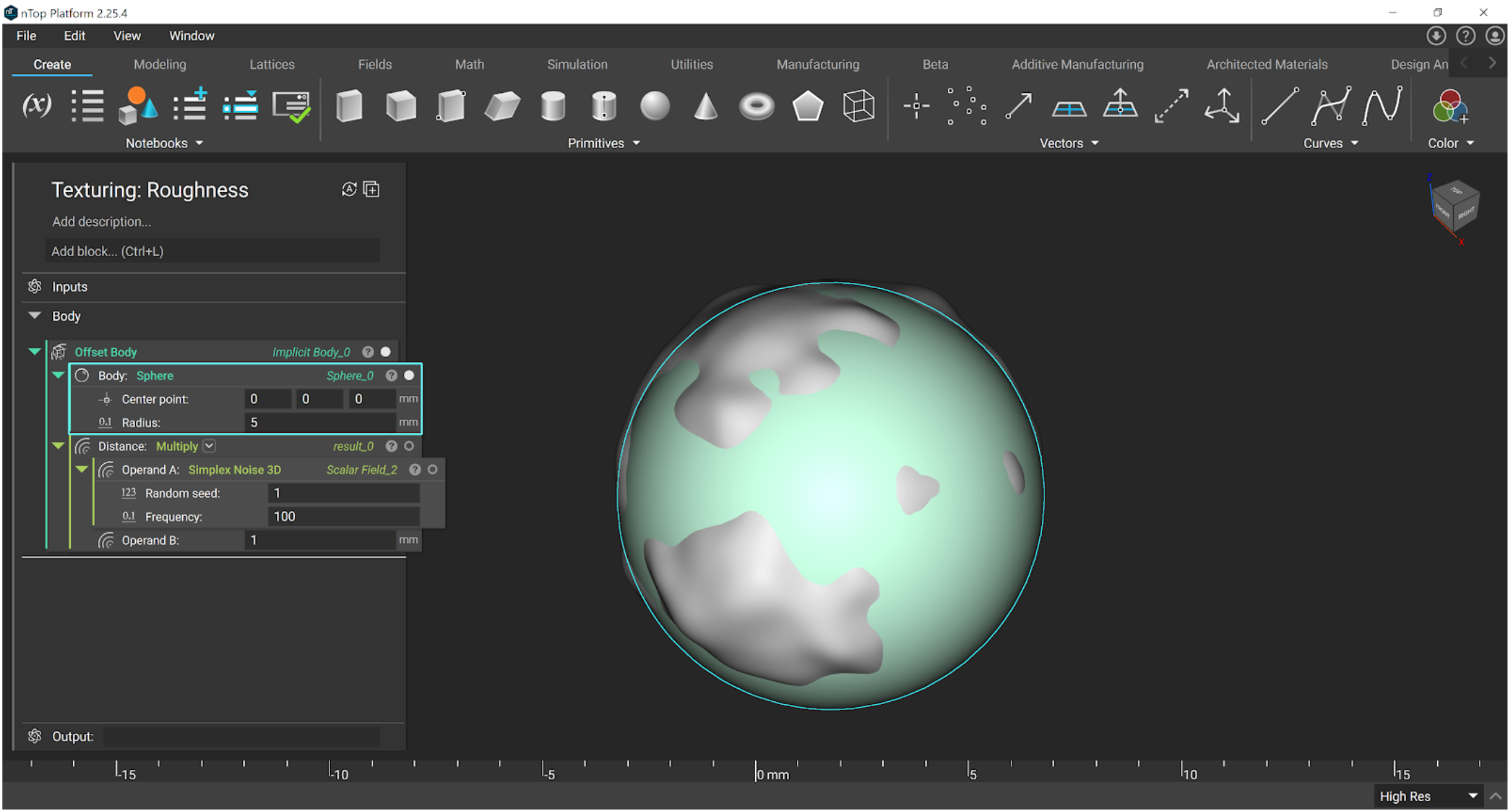 Using the Offset Body block on a Sphere with the Simplex Noise block applied to the distance input. This applies the texture to the body.