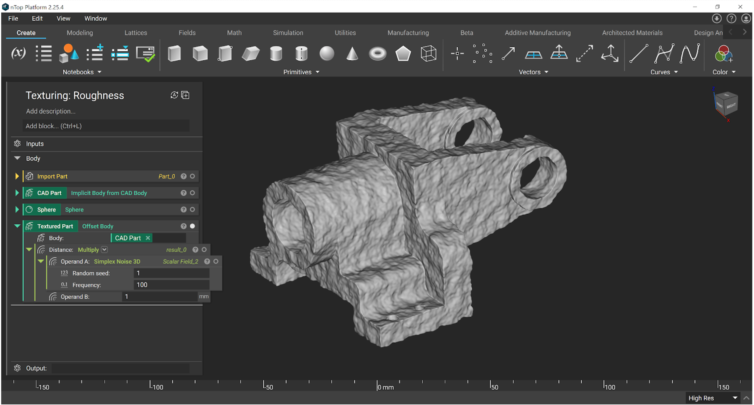 An imported CAD part with texture applied.