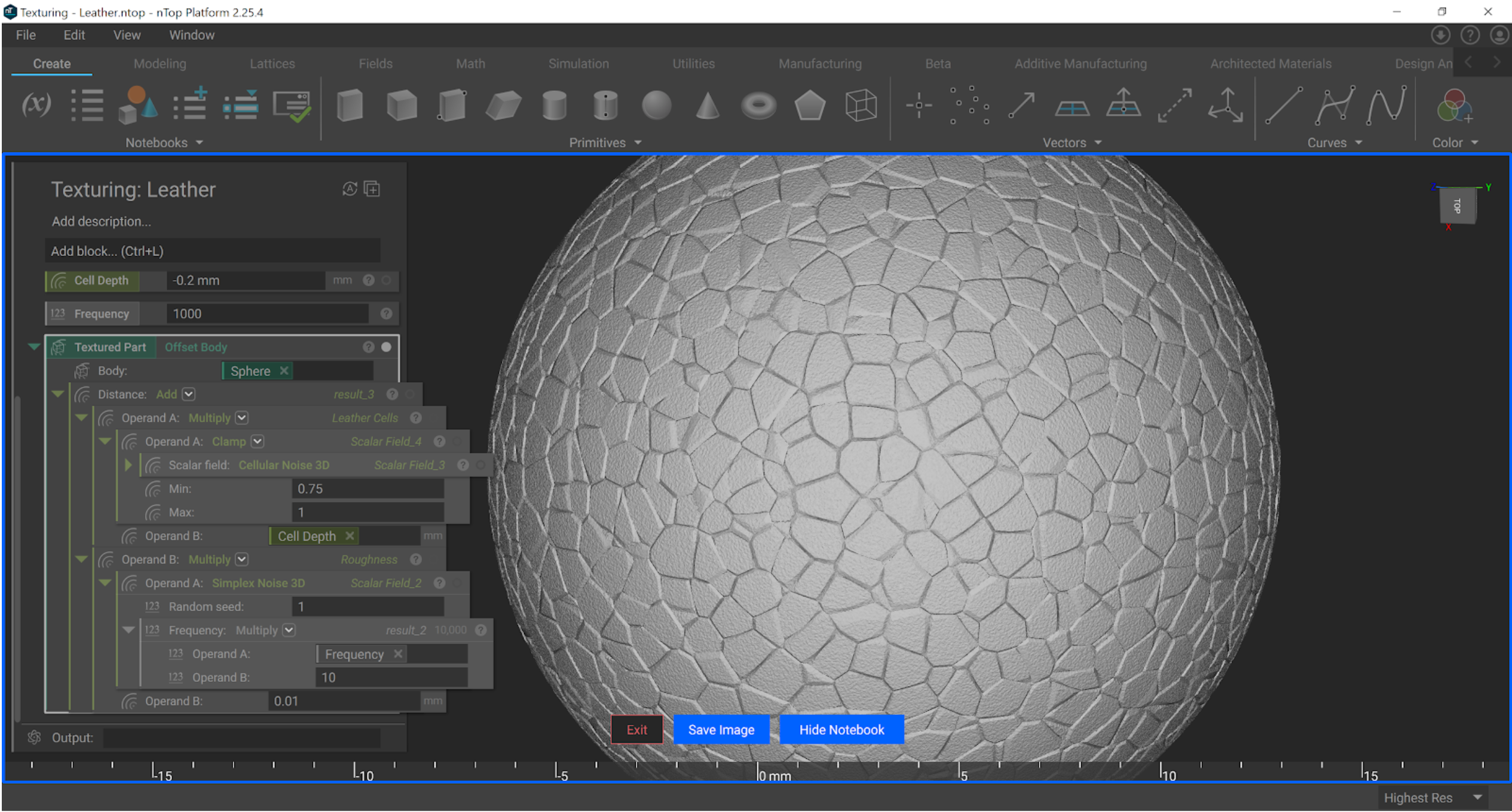 An example of using the Cellular Noise 3D block to create a leather texture with Precision Render enabled.