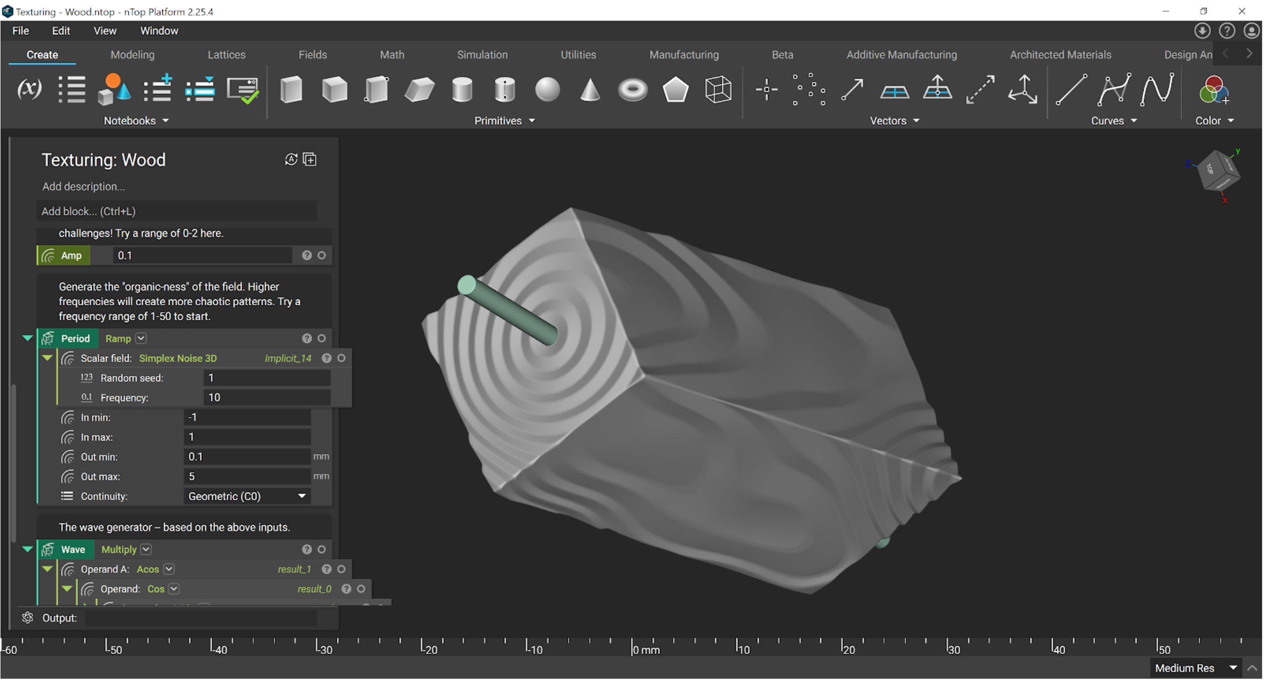 A box with wood texture applied using the Simplex Noise 3D block.