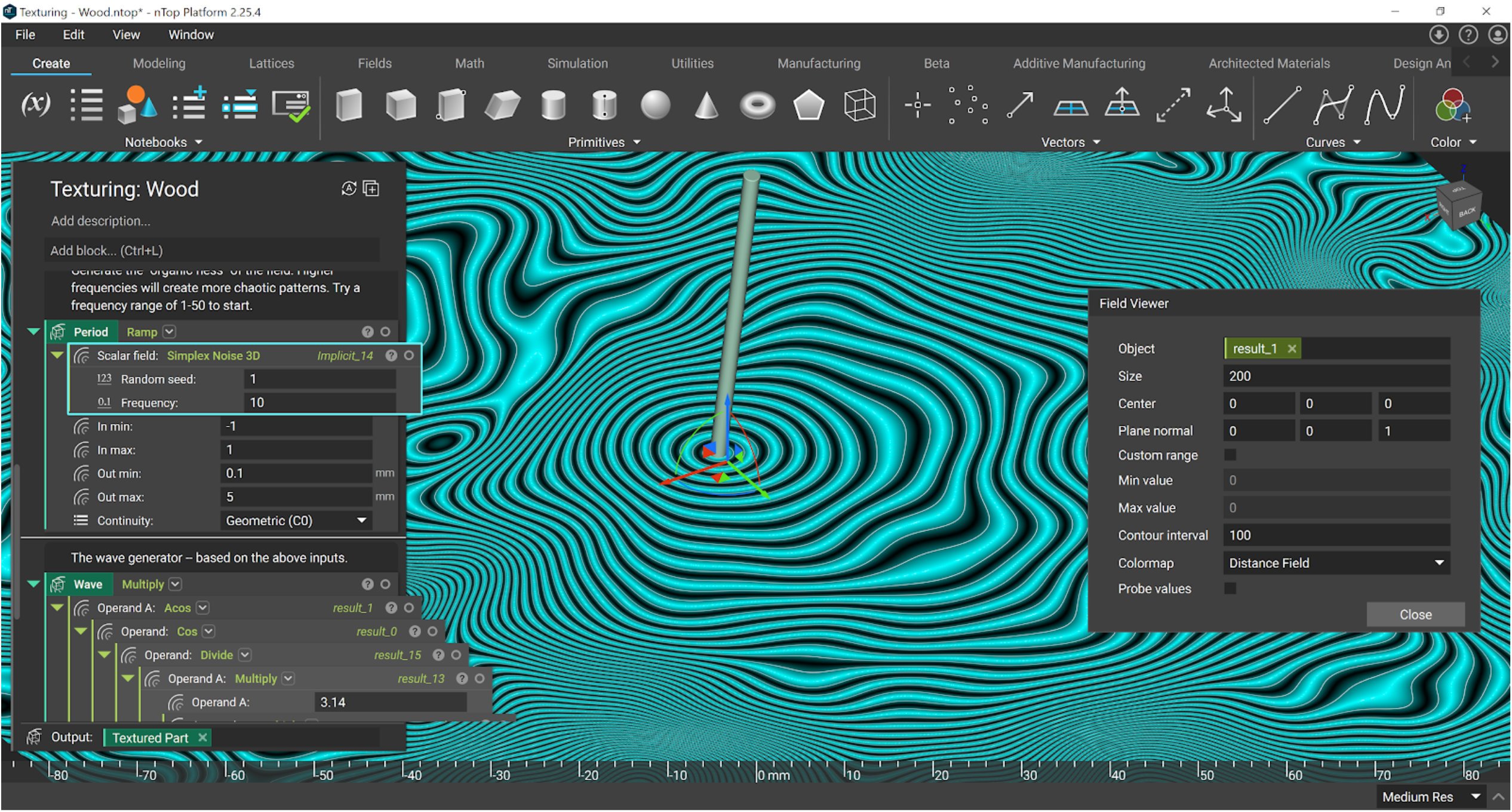 The field view of the Simplex Noise 3D block. The field is simulating wood texture with a Frequency of 10.
