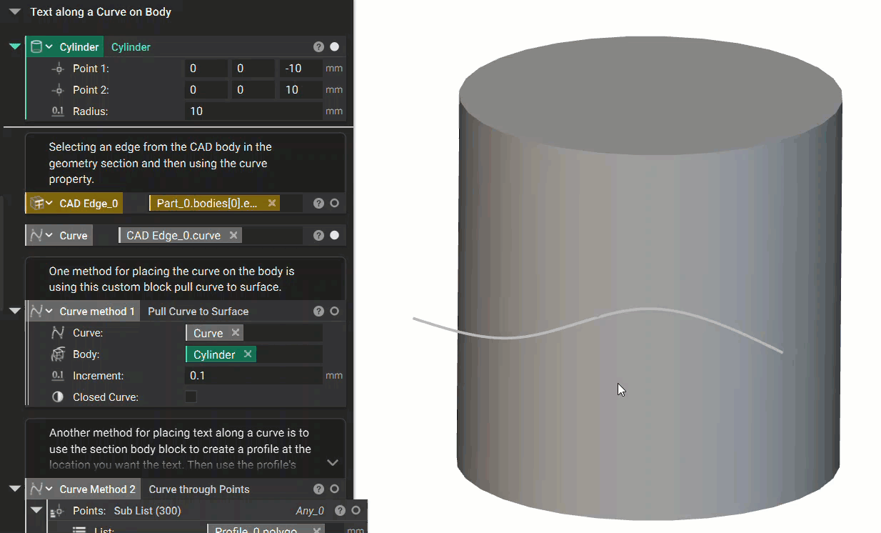 A demonstration of how the Pull Curve to Surface custom block works.