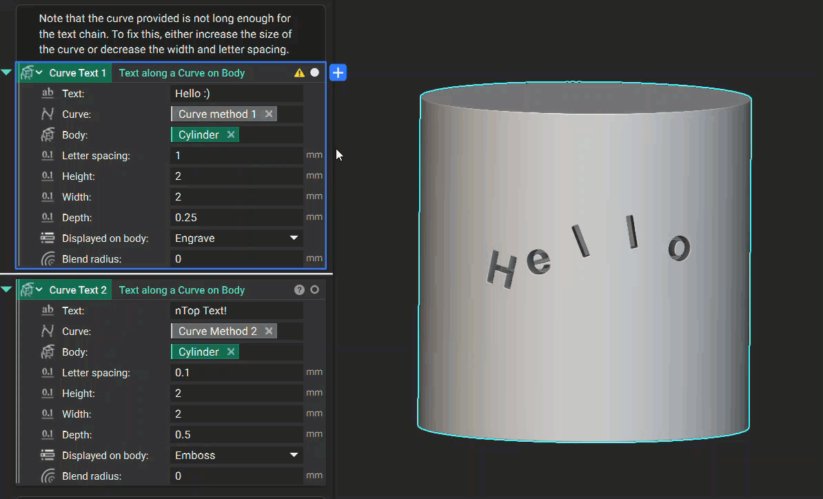 A demonstration of how the Text along a Curve on Body custom block works.