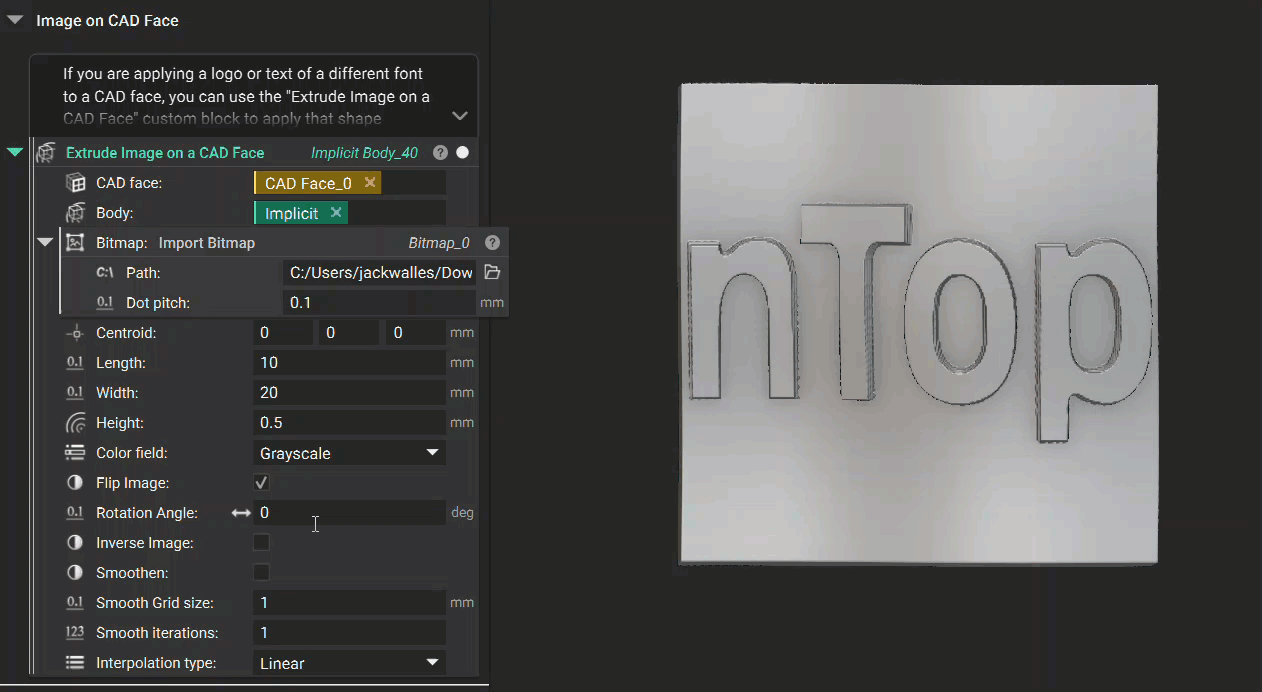 A demonstration of how the Extrude Image on a CAD Face custom block works.