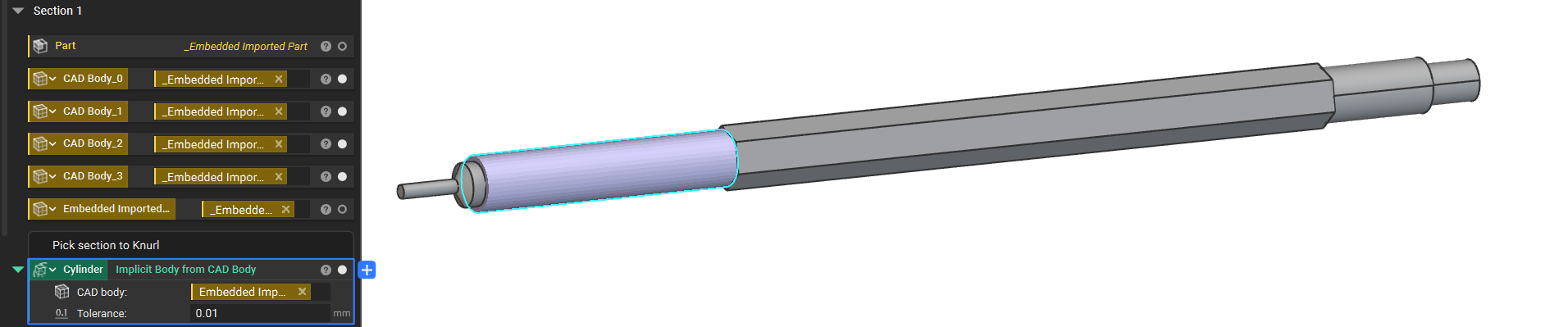 An imported CAD part. A portion of the part has been converted to an implicit body using the Implicit Body from CAD Body block. The implicit body is a cylinder.