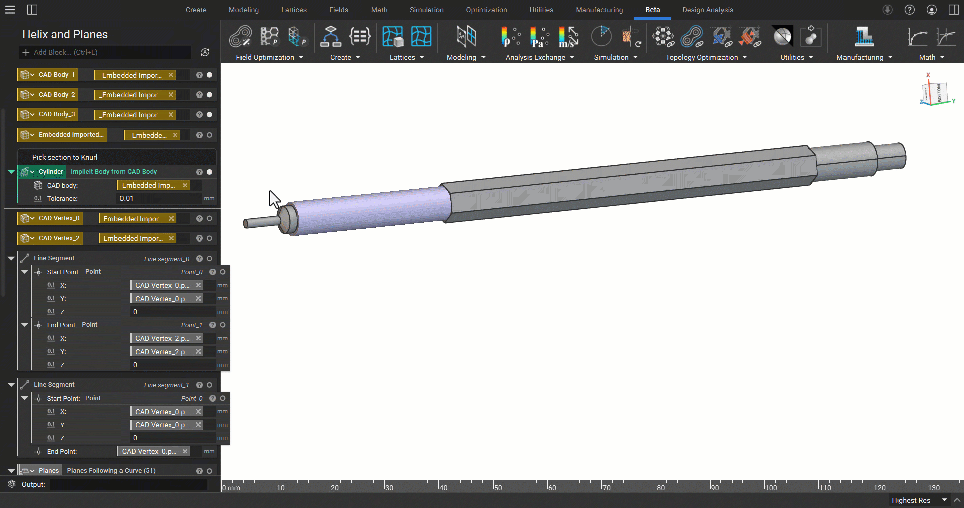 Two CAD vertices have been extracted from the imported part. The vertices and their property points are used to create line segments on the end faces of the implicit body cylinder.