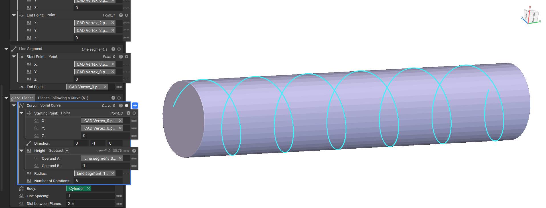A Spiral Curve block is used to create a curve around the body that connects the CAD vertices.