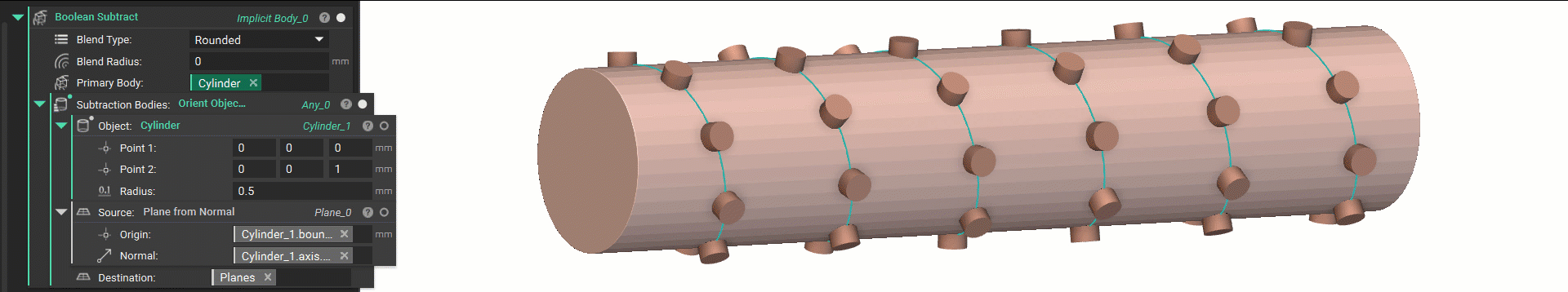 Using the Orient Object block to place small cylinders at the origin of each plane. The cylinders are then subtracted from the starting implicit body to create a textured surface.