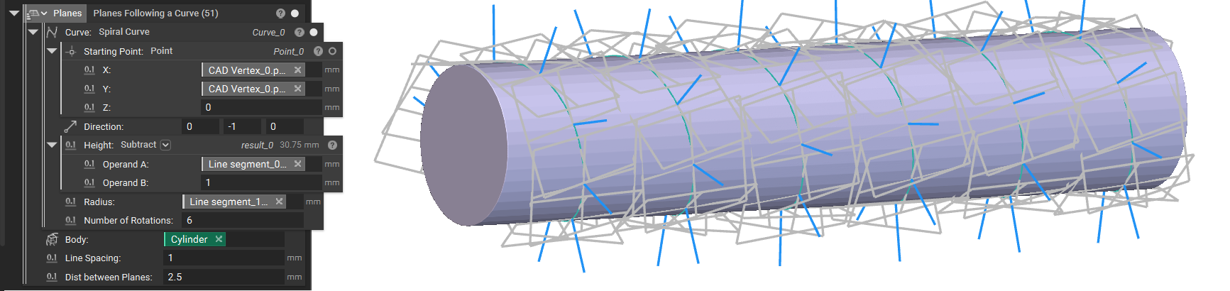 Using the Planes Following a Curve block, planes are generated along the spiral curve on the outside of the cylinder.