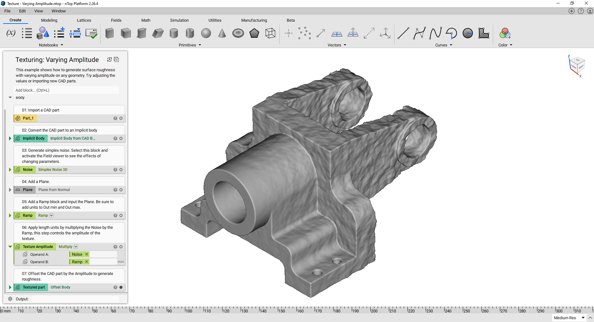 Using a Ramp block, the texture depth can be applied as a gradient that increases over the course of the body. The surface is smoother towards the starting reference plane and becomes increasingly rougher as the distance from the plane increases.
