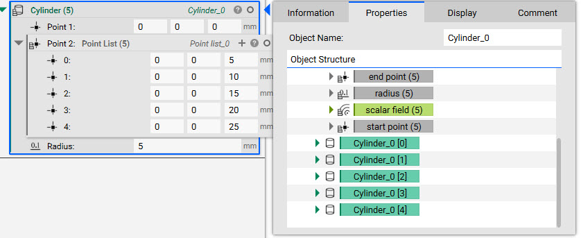 A list of 5 cylinders generated by inserting a Point List into the Point 2 input of the Cylinder block. The properties panel of the Cylinder block is open to show the individual cylinder bodies.