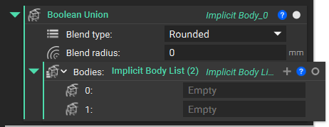 When adding a boolean union block to your workflow, it will auto-populate an Implicit Body List in the Bodies input.