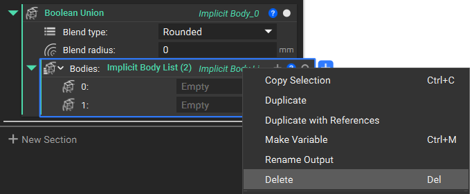 By right clicking the Implicit Body List in a Boolean Union block, you can access the block's menu options. The image is highlighting the delete option of the menu.