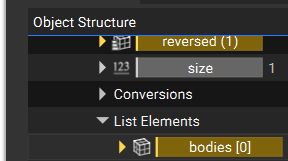By clicking the list element drop-down of the Bodies list, users can access the singular body chip.