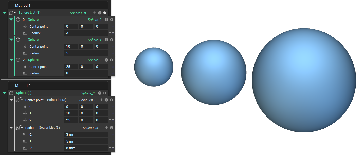 The example shows two different methods of using lists to create multiple bodies. The first example is a Sphere List block, with three Sphere blocks inside it. The second method is a single Sphere block with a Point List in the Center Point input and a Scalar List in the Radius input. This also generates a sphere list.