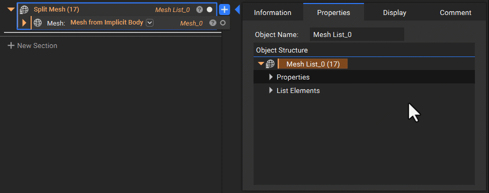 The gif shows the properties panel of an example mesh list. By clicking on the List Element tab in the properties panel, you can access the properties of each item in the list.