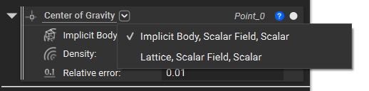 The Center of Gravity custom block with the overload menu expanded. There are two options depending on using an implicit body input or a lattice input.