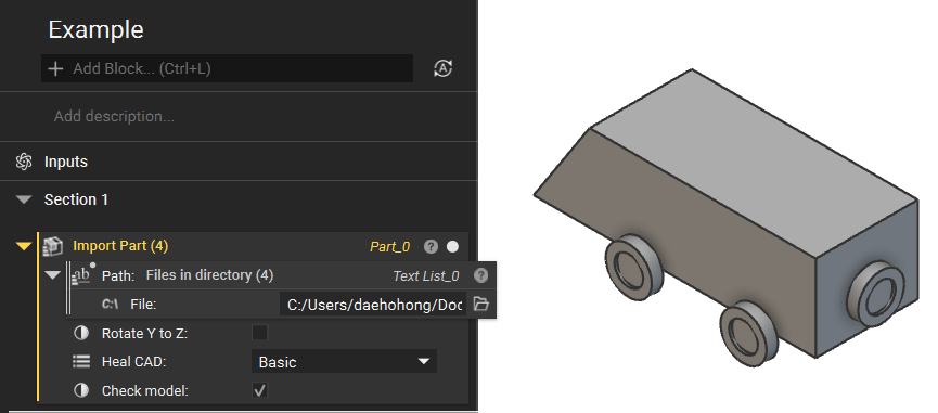 An example of using the run command custom block to source files in a directory. The custom block is the input for the import part block.