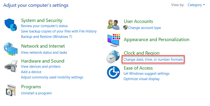 The computer settings menu of a windows machine. The change date, time, or number formats option under clock and region is highlighted.