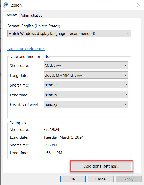 The region sub menu of the computer settings. The additional settings button is highlighted.