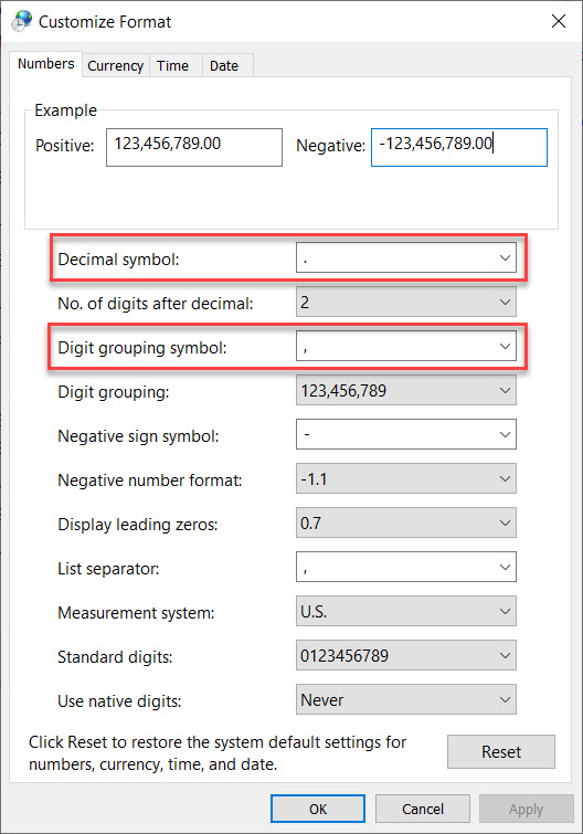 The customize format settings menu. The decimal symbol and digit grouping symbol options are highlighted.