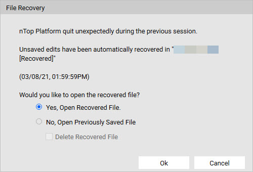 The File Recovery message that appears when nTop closes unexpectedly.