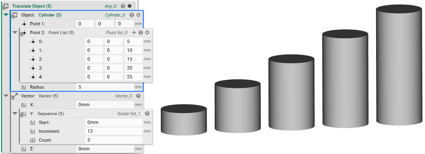 A Translate Object list created using the list of cylinders and a vector list.
