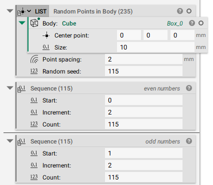 A list of points is generated by using a Random Points in Body block on a Cube block. Two Sequence blocks are added that both have an Increment value of 2 and a Count value of 115. The difference is that one Sequence's Start value is 0 and the other is 1.