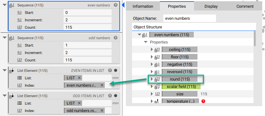 Using a List Element block, the Random Points in Body point list is inserted in the List input. Inside the properties panel of the Sequence starting with 0, the round property chip is extracted and placed in the Index input. This creates a list of only the even values since the Sequence starts on an even number. The same process can be repeated using a second List Element block and the round property chip from the Sequence block that starts at 1.