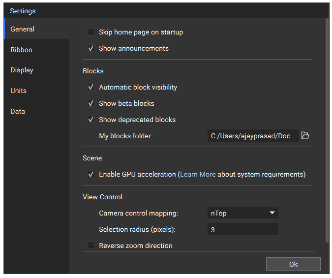 The General settings menu of nTop. The image is used to show where the Show Deprecated Blocks option is in settings.