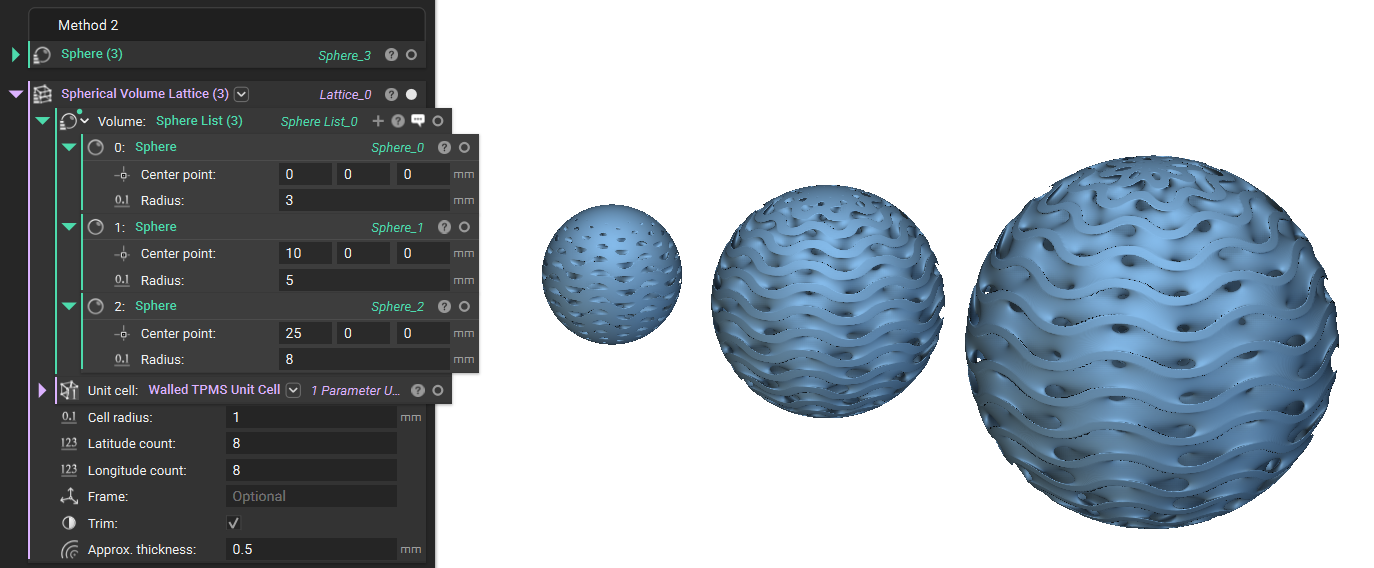 An example of using a sphere list as the volume input for a Spherical Volume Lattice block. By using list processing, multiple lattices can be created using one block.
