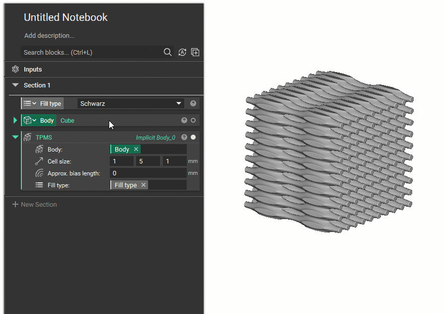 The gif demonstrates how to remove variable contents from a cube variable. After Removing Variable contents, the input type is changed to implicit body, which allows for the sphere to be inserted.