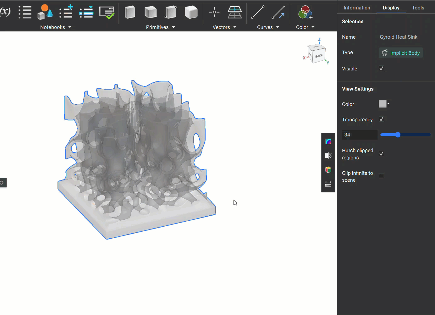 An example of using the field viewer on a gyroid body. The field viewer has a probe feature to analyze the field values and isolines to help visualize the shape of the field.