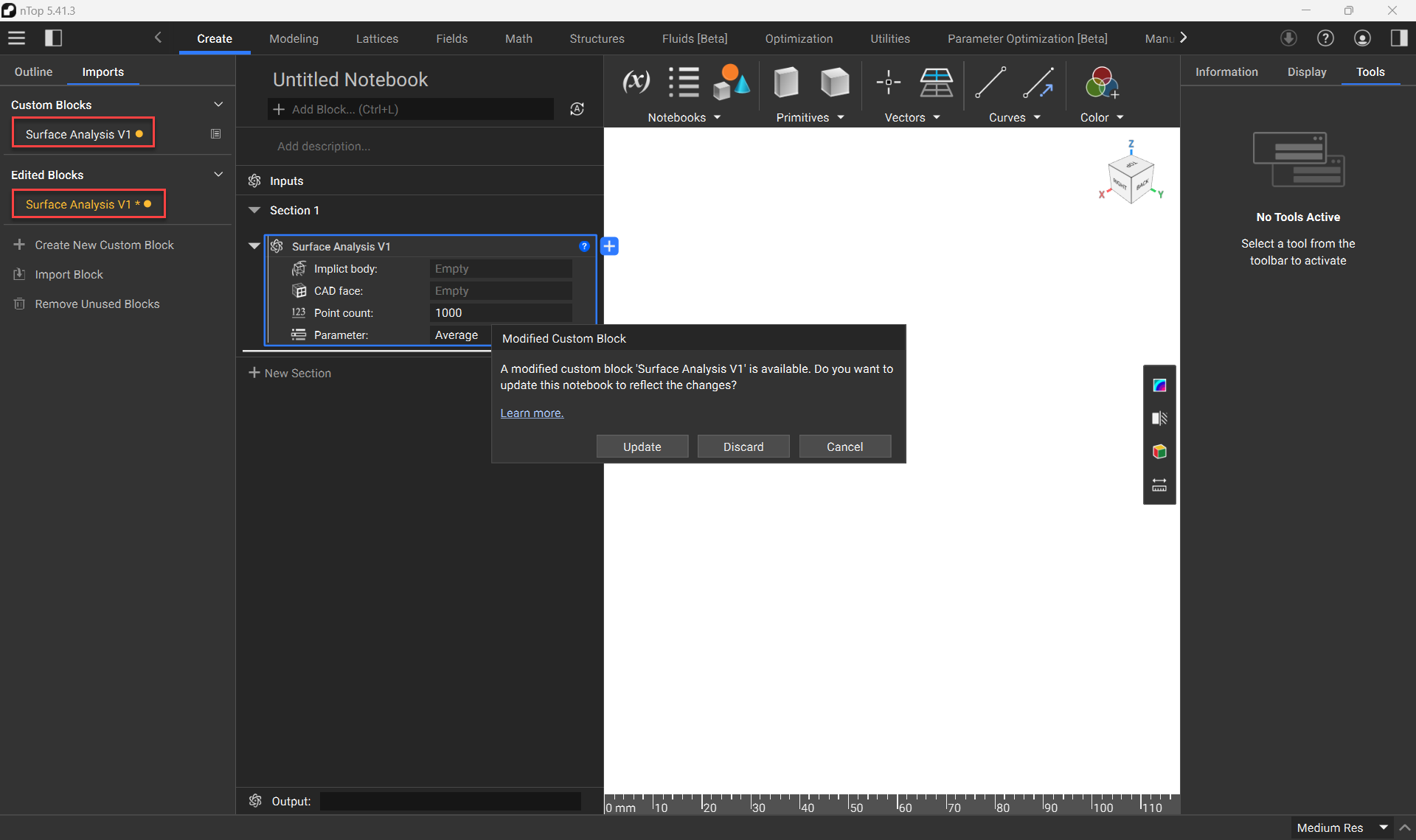 After editing a custom block in an active notebook, the popup message shown below will appear when you return to the notebook. The Imports tab of the left panel will also have indicator icons next to the custom block that has been modified. 