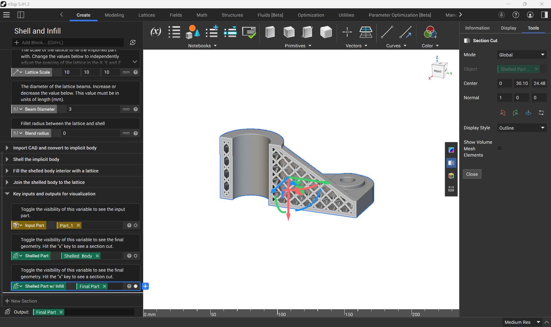 The inside of an implicit body, visible using the Section Cut feature of nTop.