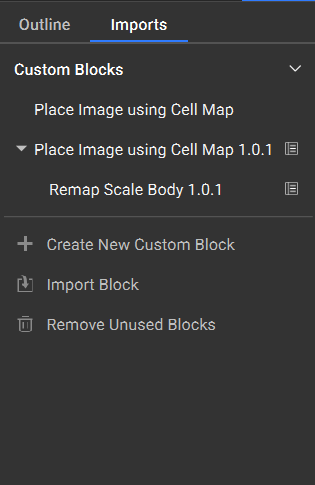 The imports menu showing multiple versions of an imported custom block.