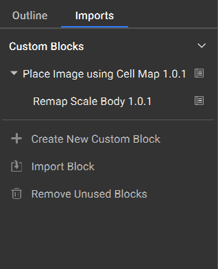 The imports menu showing the hierarchy tree of custom blocks. Any custom blocks that have nested custom blocks will have a chevron next to their name. Clicking the chevron will show any nested custom blocks.