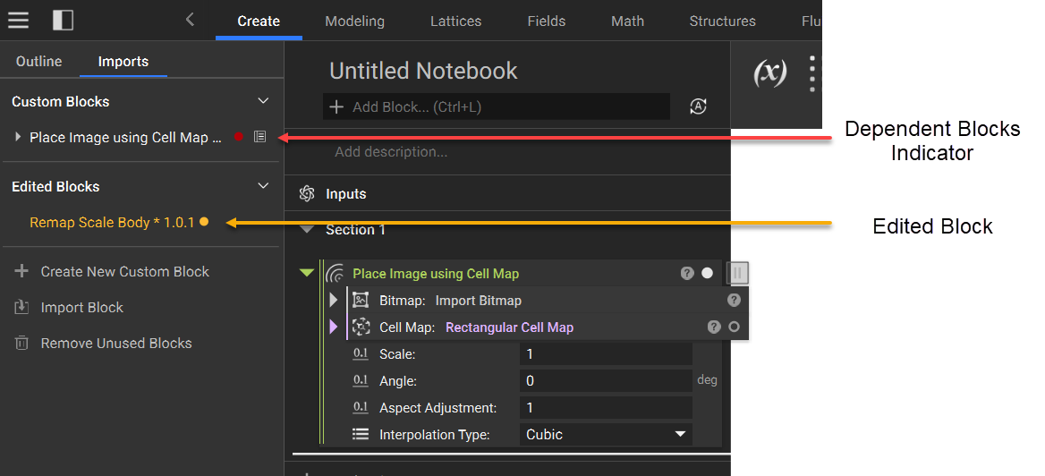 The Imports Menu with indicators referring to the state of the custom blocks in the notebook.