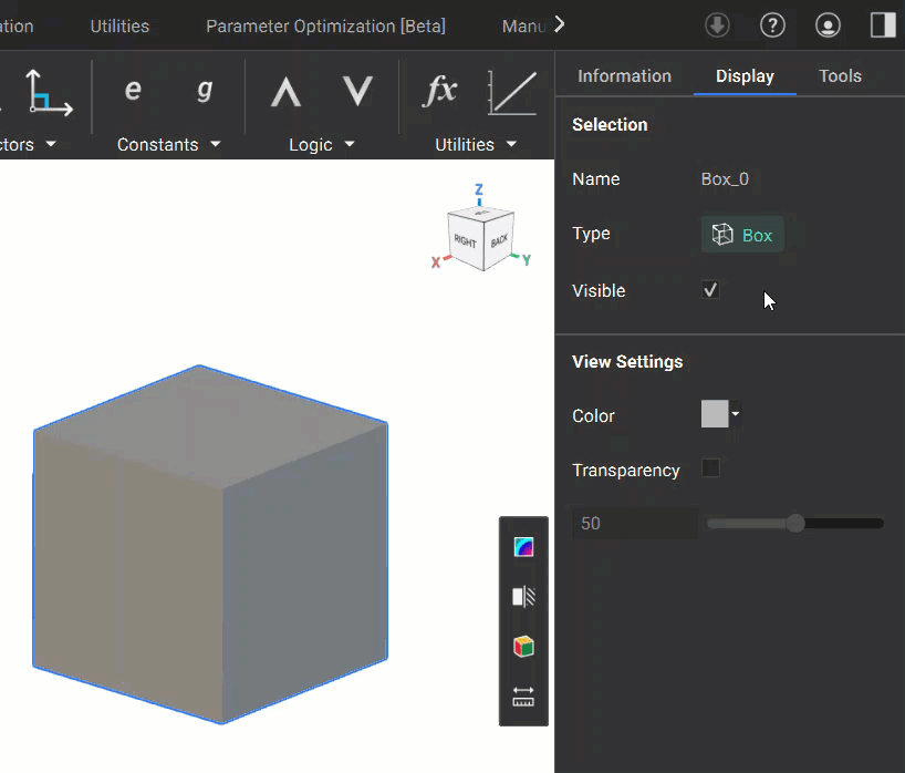 The Display tab is used to modify an implicit body's visibility, color, and transparency.