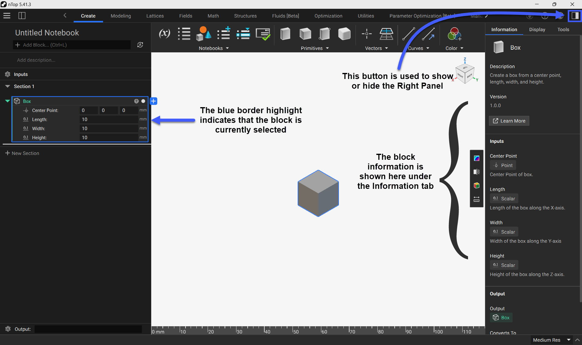 The Information tab located in the Right Panel of the nTop user interface.