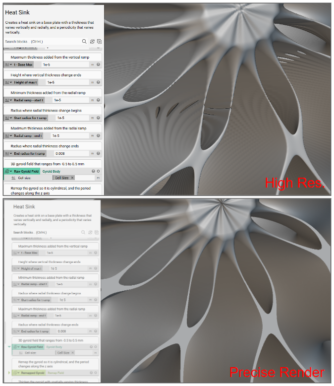 2 example images of lattices in nTop. Two of the images are shown using high resolution and the other two are using Precise Render. The images are meant to compare the results between the two view options.