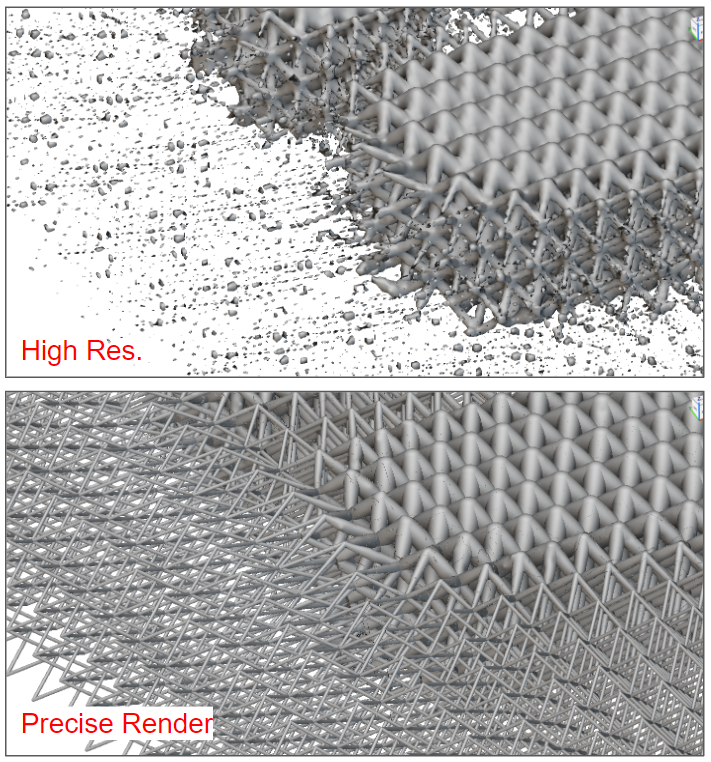 2 example images of lattices in nTop. Two of the images are shown using high resolution and the other two are using Precise Render. The images are meant to compare the results between the two view options. The lattice has very small beams that are not fully visible in high resolution. The beams are fully visible when using Precise Render.