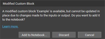Modified Custom Block pop-up window that indicates a custom blocks inputs or outputs have changed.
