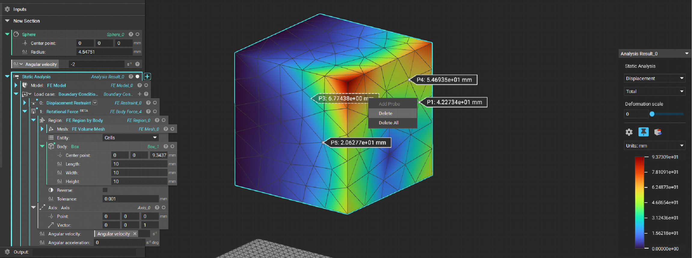Example Simulation results on a cube with pinned probes on its surface. You can now right click to delete specific pinned probes or all of the probes.