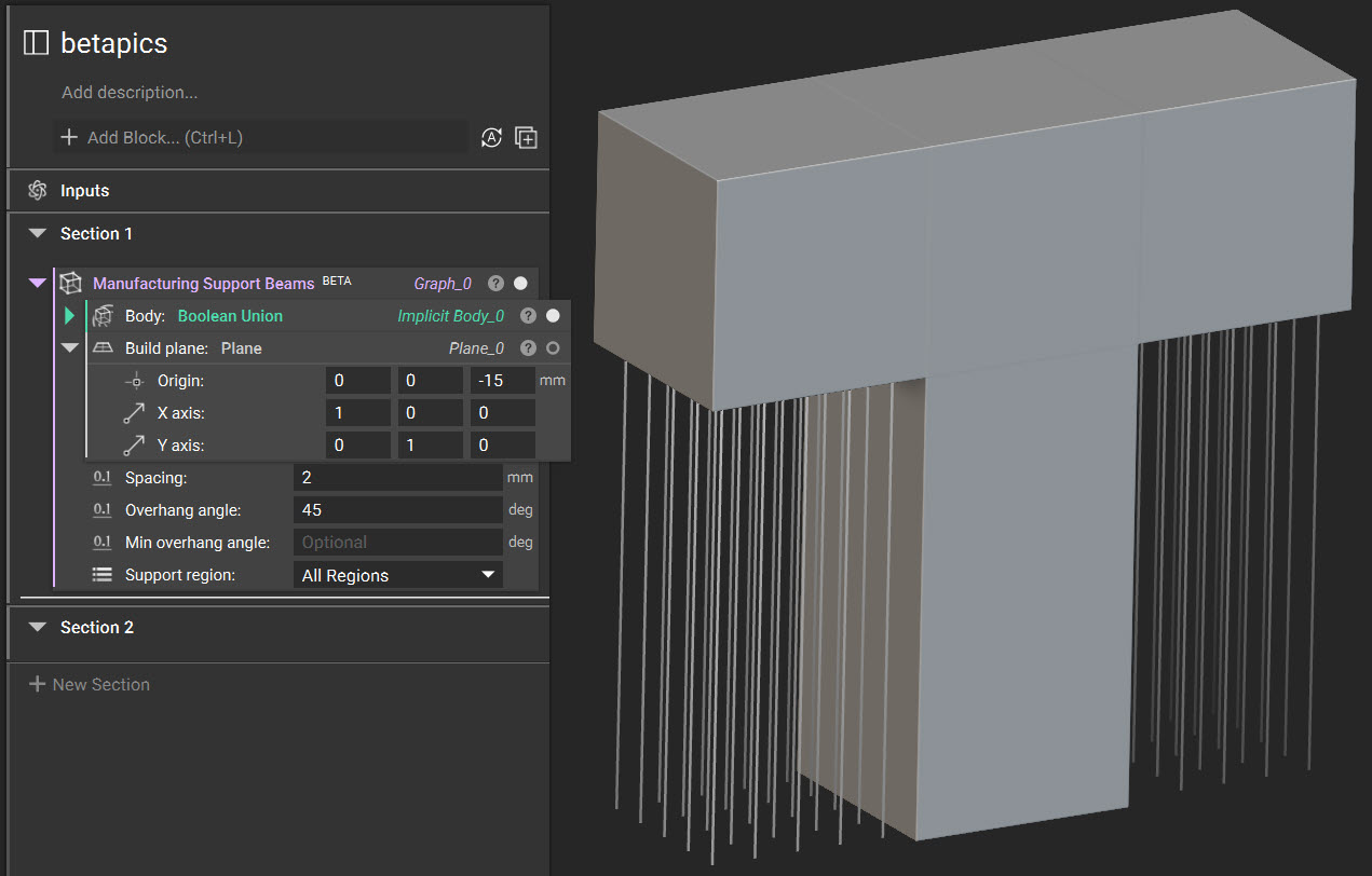 An example of using the Manufacturing Support Beams block to generate graph beams under unsupported areas of an implicit body.