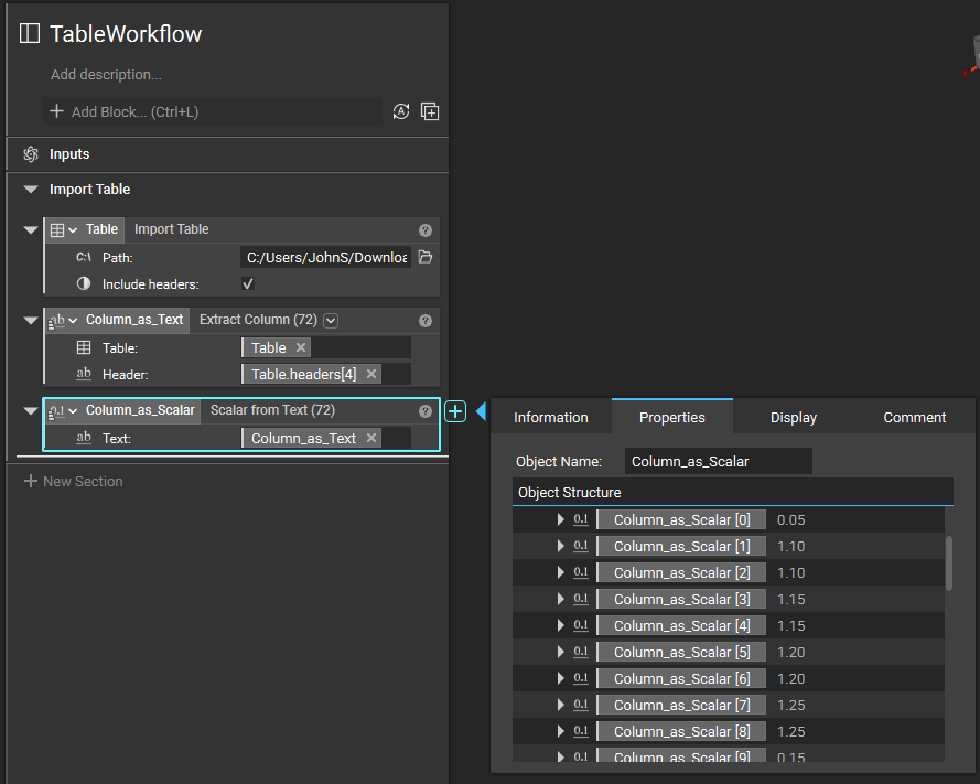 A table imported using the Import Table block. The columns of the table have been extracted using the Extract Column block. We then use the Scalar from Text block to convert the columns into scalar values.