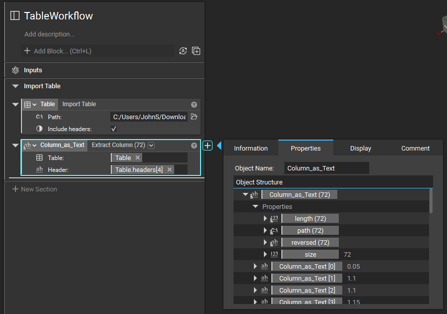 An example of using the Extract Column block to extract columns from the imported table.