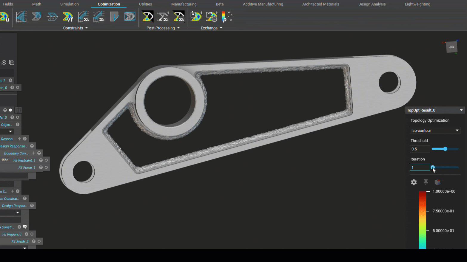 An example of Topology Optimization results with thresholded elements displayed. The simulation HUD now allows for probing the results and the ability to callout probe values on the results.